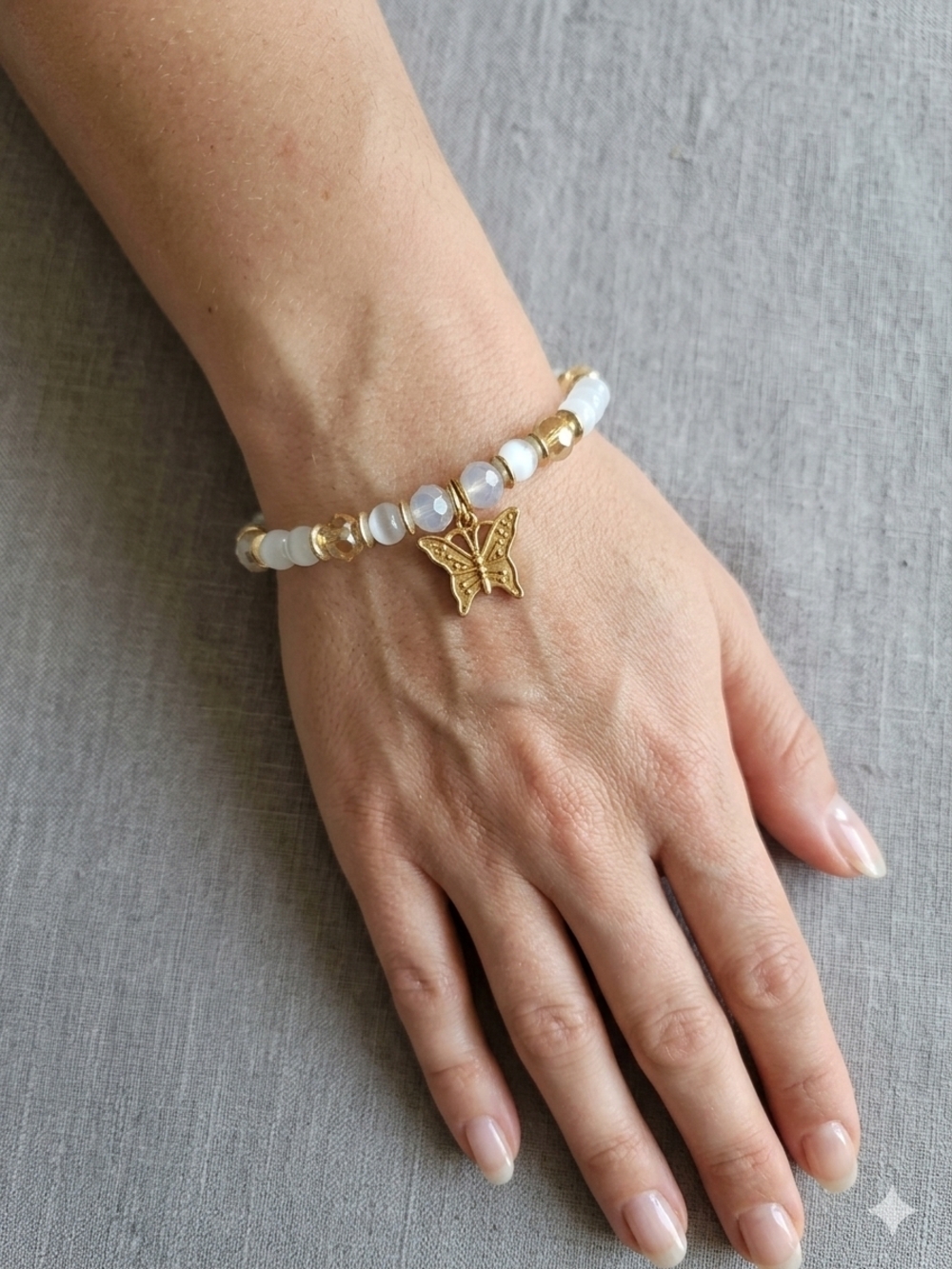 7 Inch Gold Butterfly Charm White Stretch Bead Bracelet - Women Jewelry